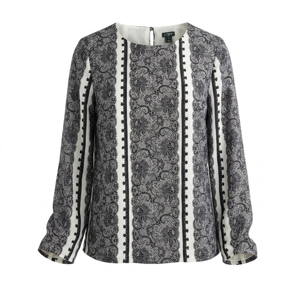 J.Crew Optical Lace Blouse Black White Floral‎ Stripe Shirt 06347 Womens Small
